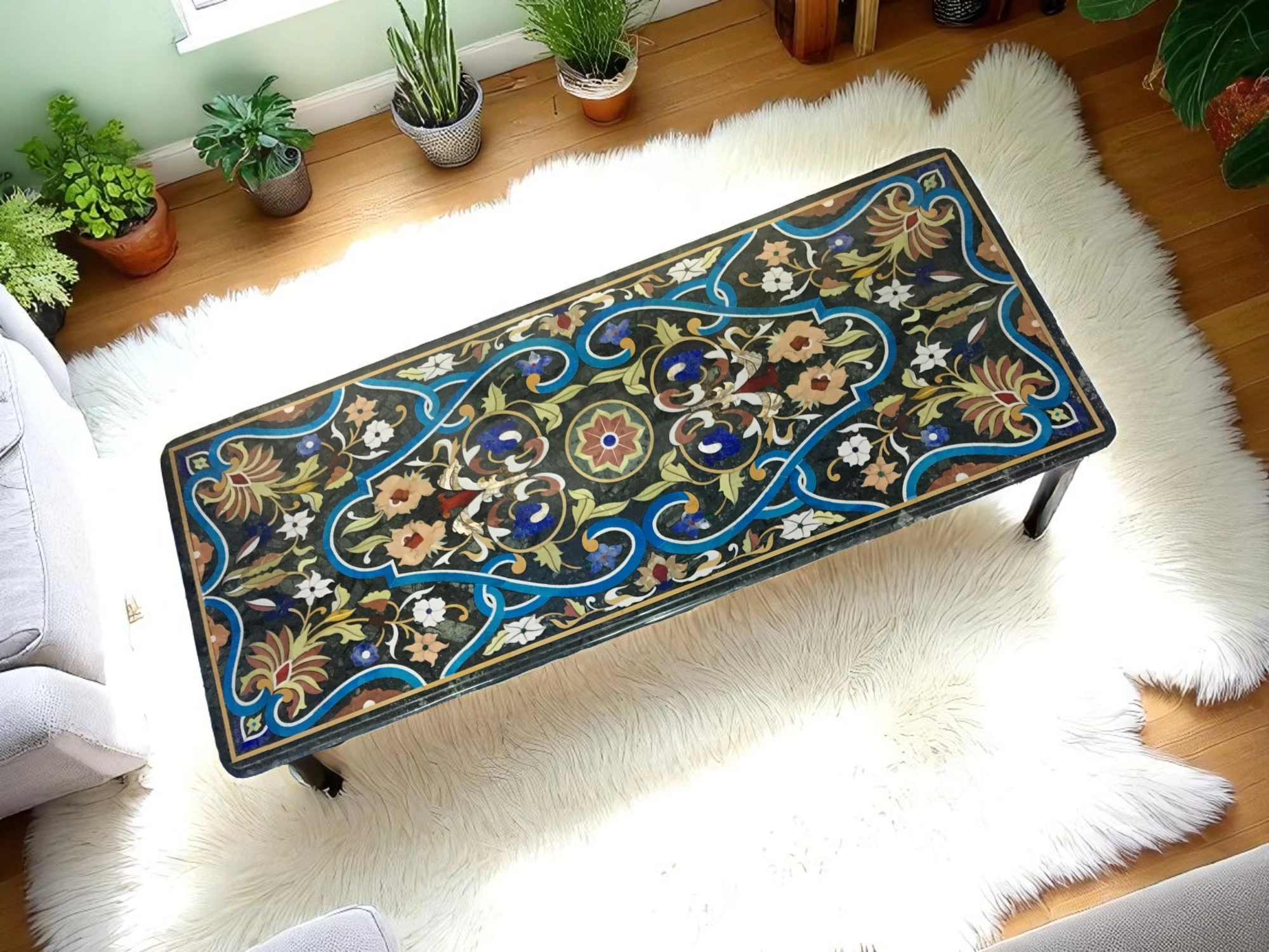 Luxury Marble Inlay Side Table Handcrafted with Semi-Precious Stones